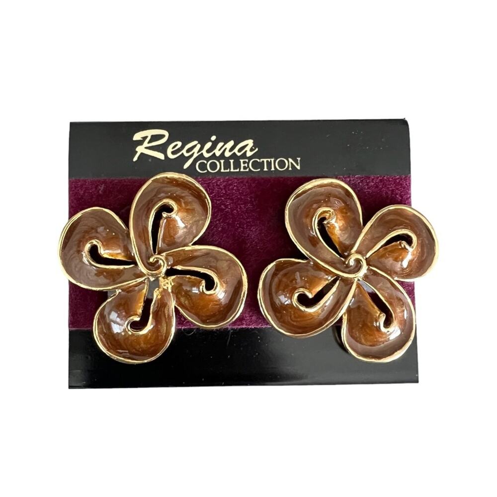Vintage 90s Regina Collection Brown Enamel Spiral Flower Clip On Earrings NOS